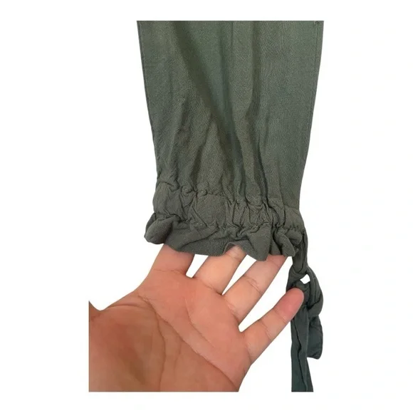 Joggers Paper Bag Waist with Elastic Pockets Side Ankle Tie Olive Green Casual - Picture 6 of 9